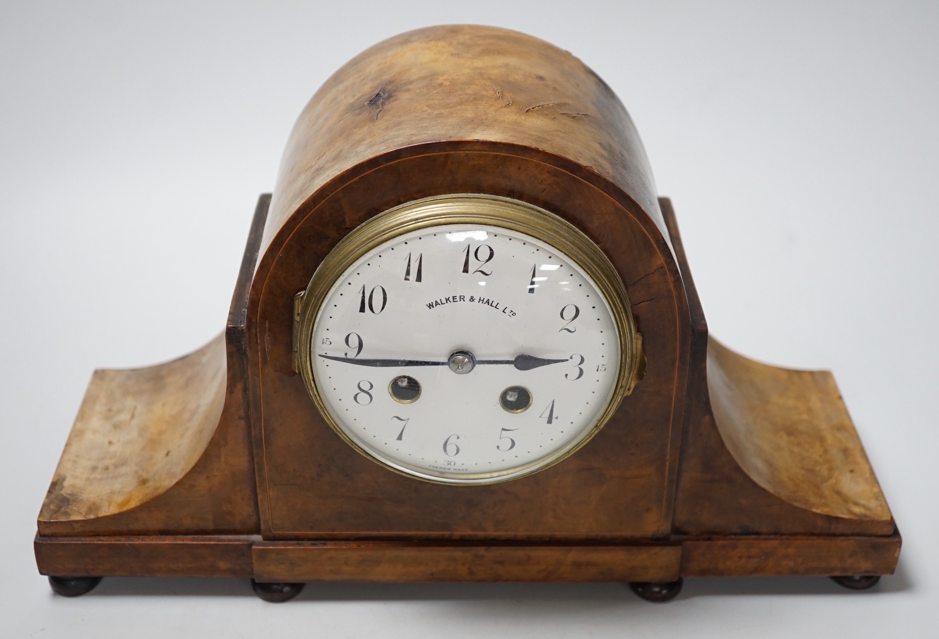 A burr walnut mantel clock, 33cms wide